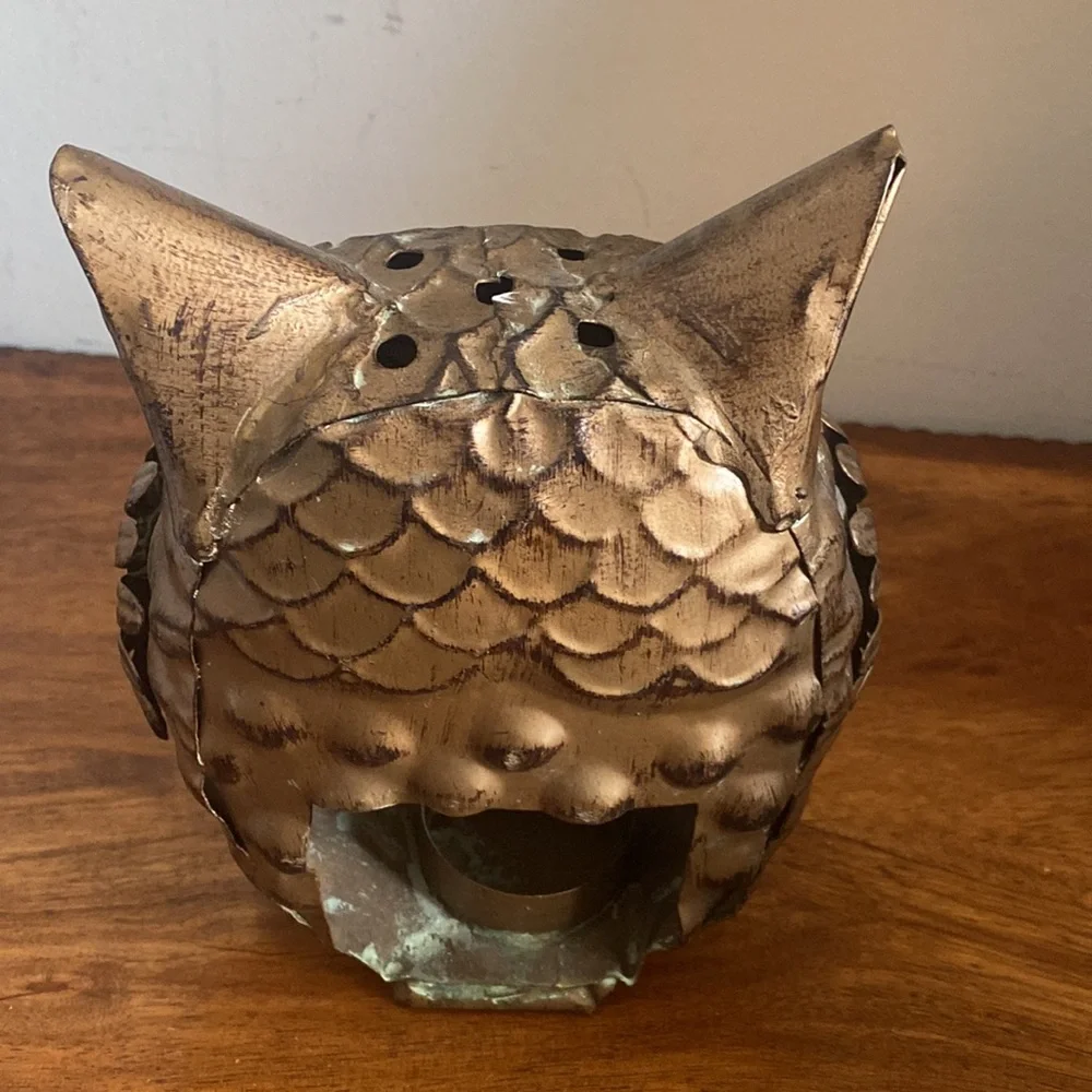 Vintage Pier 1 Rustic Gold Bronze Owl Tealight Candle Holder 7”